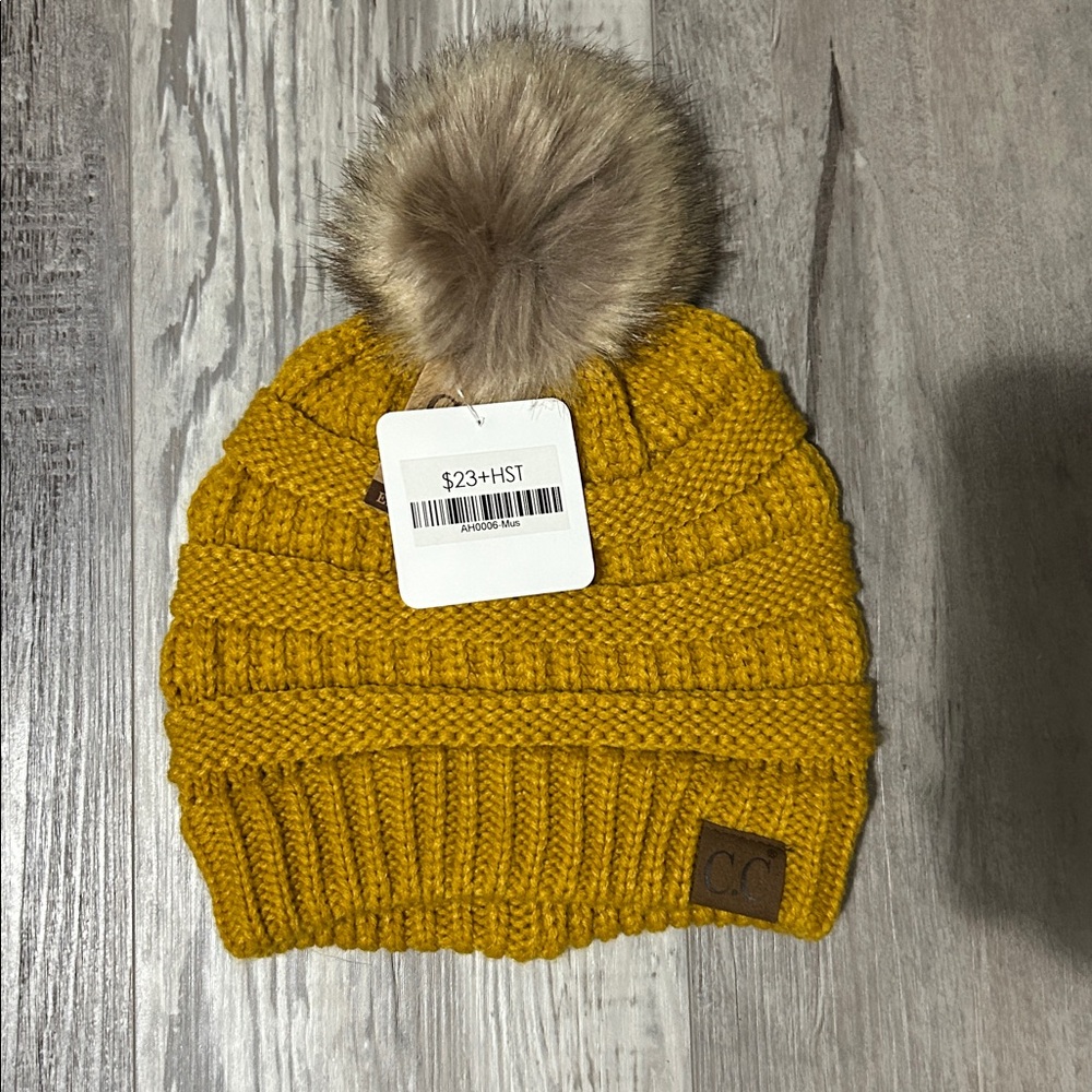 C.C mustard Knit Beanie with Faux Fur Pom
